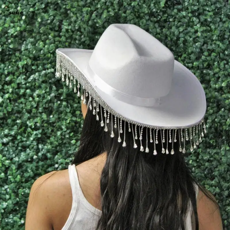 Western Style Rhinestone Tassel Felt Cowboy Hat Cowgirl Cosplay Party Accessory