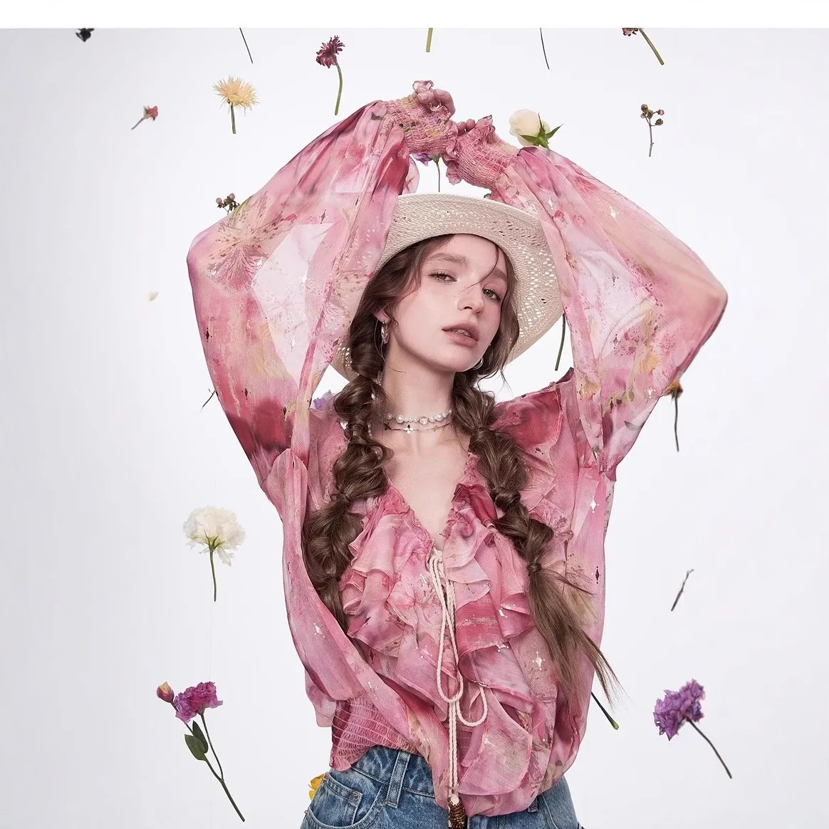 

Women Petal Blouse 2026 Spring Summer Women's French Style Ruffle Printed Chiffon Blouse Elegant Design Long Sleeve Top