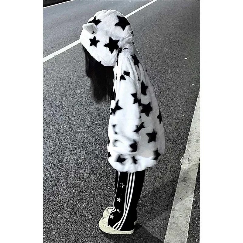 Giacca con cappuccio stampata a stella per donna Inverno Allentato oversize Sudaderas Harajuku Ropa Mujer Con cappuccio Zip Up Moda Y2k Goth Cappotti