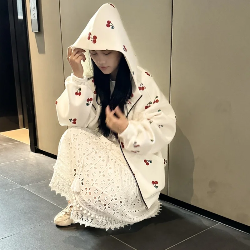 Autumn Cherry Pattern Printed Women Hoodie Sweatshirts Loose Fit Outdoor Sports Jacket Coat Advanced Fabric 24-hour Shipping