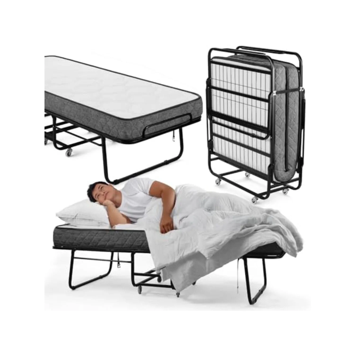 Folding Bed with Mattress - 75x31 Cot Size Frame - Portable Rollaway Guest Bed with 5-inch Memory Foam Mattress