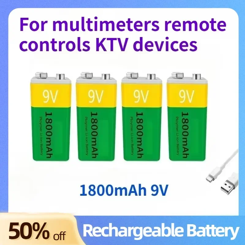 

High-Capacity 1800mAh 9V Li-ion Rechargeable Battery with USB Charging Compatible for Multimeters Remote Controls KTV Devices