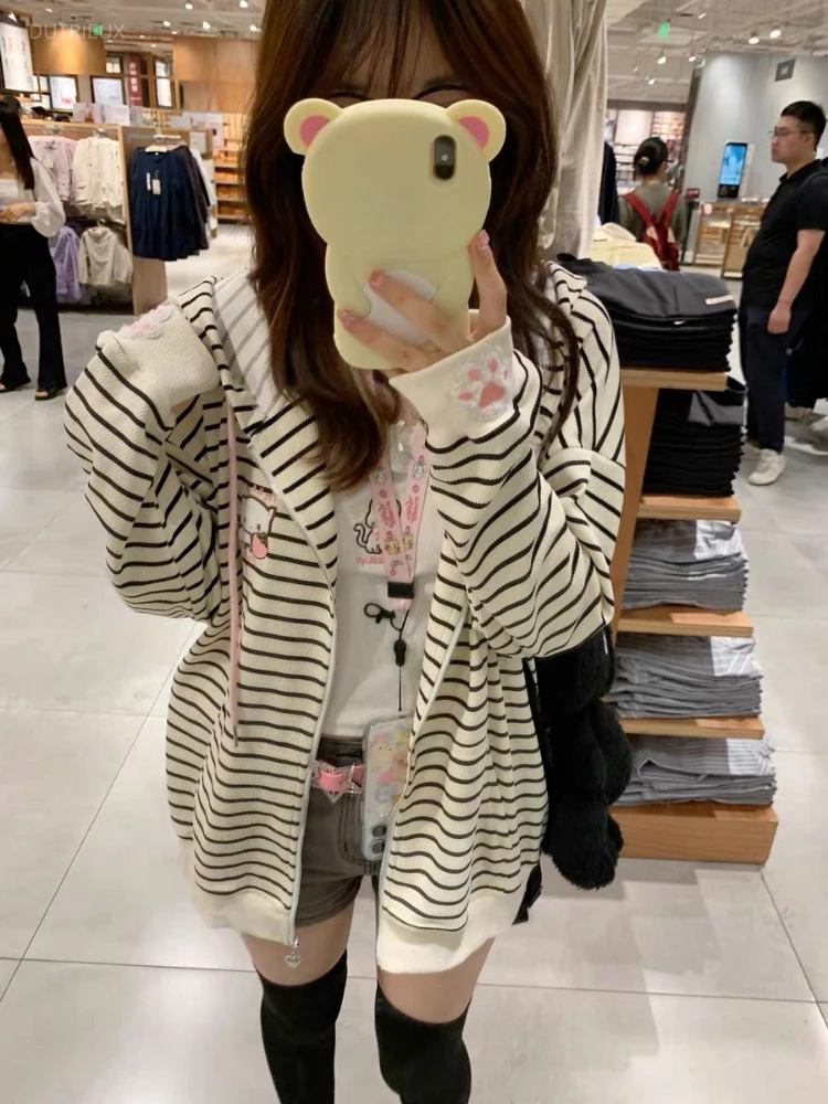 Японские повседневные полосатые толстовки с кошачьими ушками, женские Y2k, эстетичная кавайная свободная толстовка с вышивкой, толстовка на молнии в стиле гранж с героями мультфильмов, Kawaii