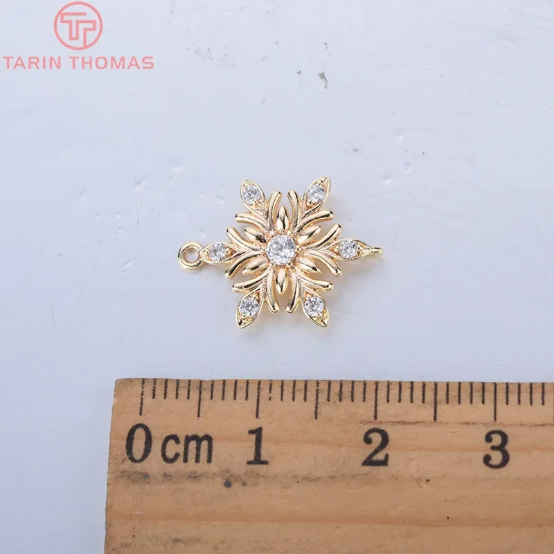 (1678)4PCS 13x18MM 24K Gold Color Brass with Zircon Flower Connector Charms High Quality DIY Jewelry Making Findings Accessories