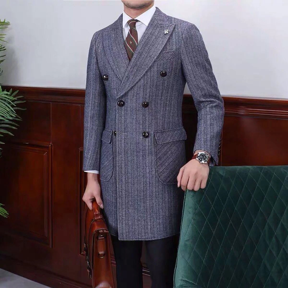 Abrigo de lana de invierno a rayas para hombre, gabardina gruesa de Tweed Formal, doble botonadura, ropa informal personalizada de talla grande