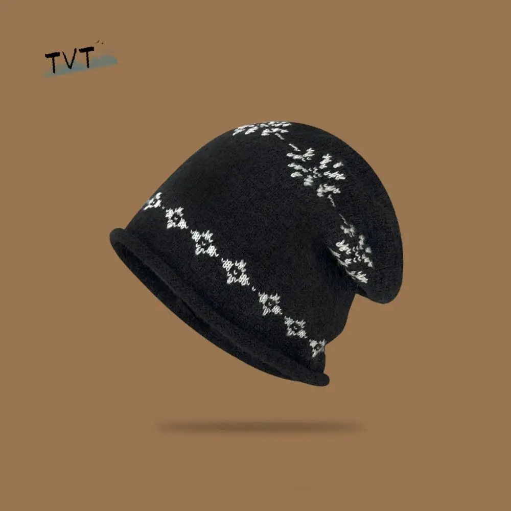 

Sweet Curled Edge Jacquard Knitted Hat Printed Warm Printing Knit Cap Retro Wool Fair Isle Style Beanies Outdoor