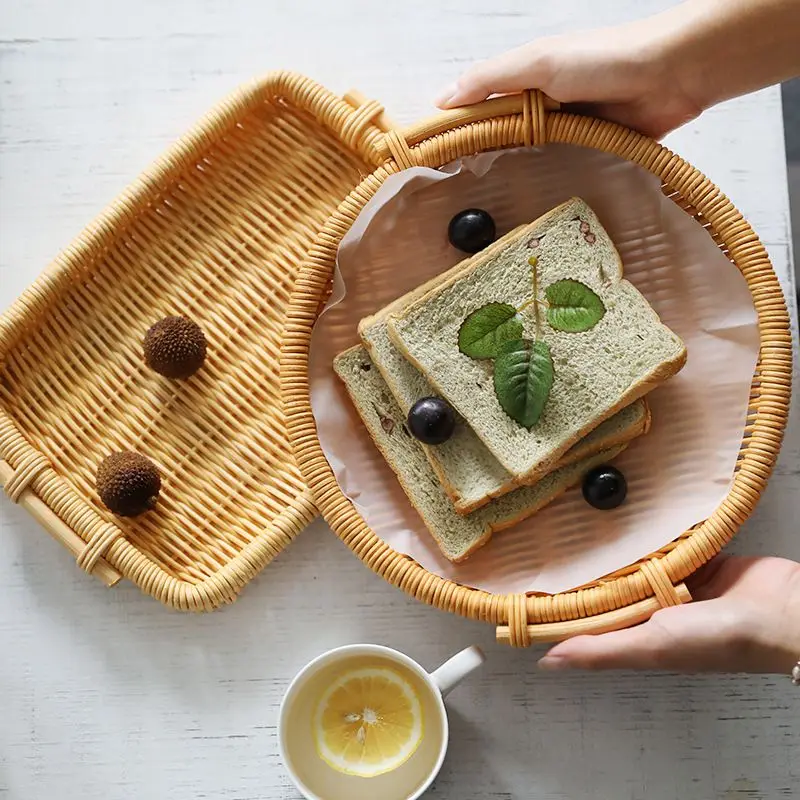 Wicker Fruit Tray Round Rattan Storage Basket Tray With Wooden Handle Bread Dessert Cake Food Plate Kitchen Serving Basket