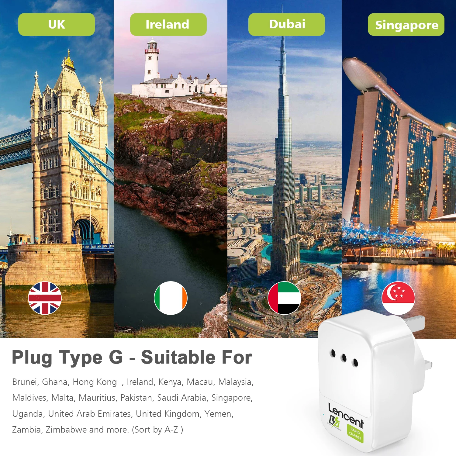 LENCENT IT to UK Travel Adapter  Socket Power  with 1 AC Outlets + 3 USB Charger Adapter Overload Protection 4-in-1 Plug Socket