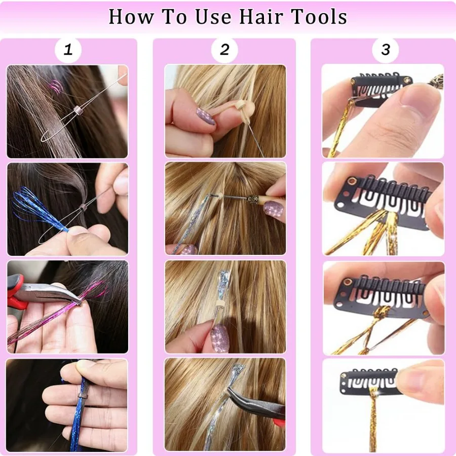 Kit de oropel para el cabello de 20 colores con herramientas para extensiones de cabello de hadas de 48 pulgadas, hebras de brillo holográfico resistentes al calor, fiesta brillante