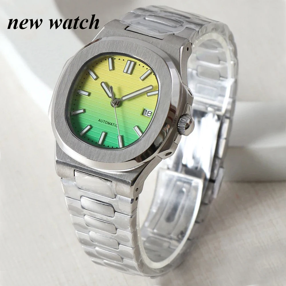 

41mm nh35 Watch Yellow Green No Logo Automatic Mechanical Watches Nautilus Waterproof Steel Strap WristWatch Sapphire Glass Case