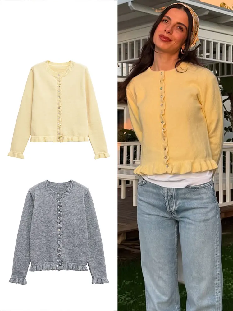 

TRAFZA Women Casual Yellow Knitted Cardigan Single Breasted O Neck Butterfly Sleeve Sweater Autumn Female Solid Outwear Tops