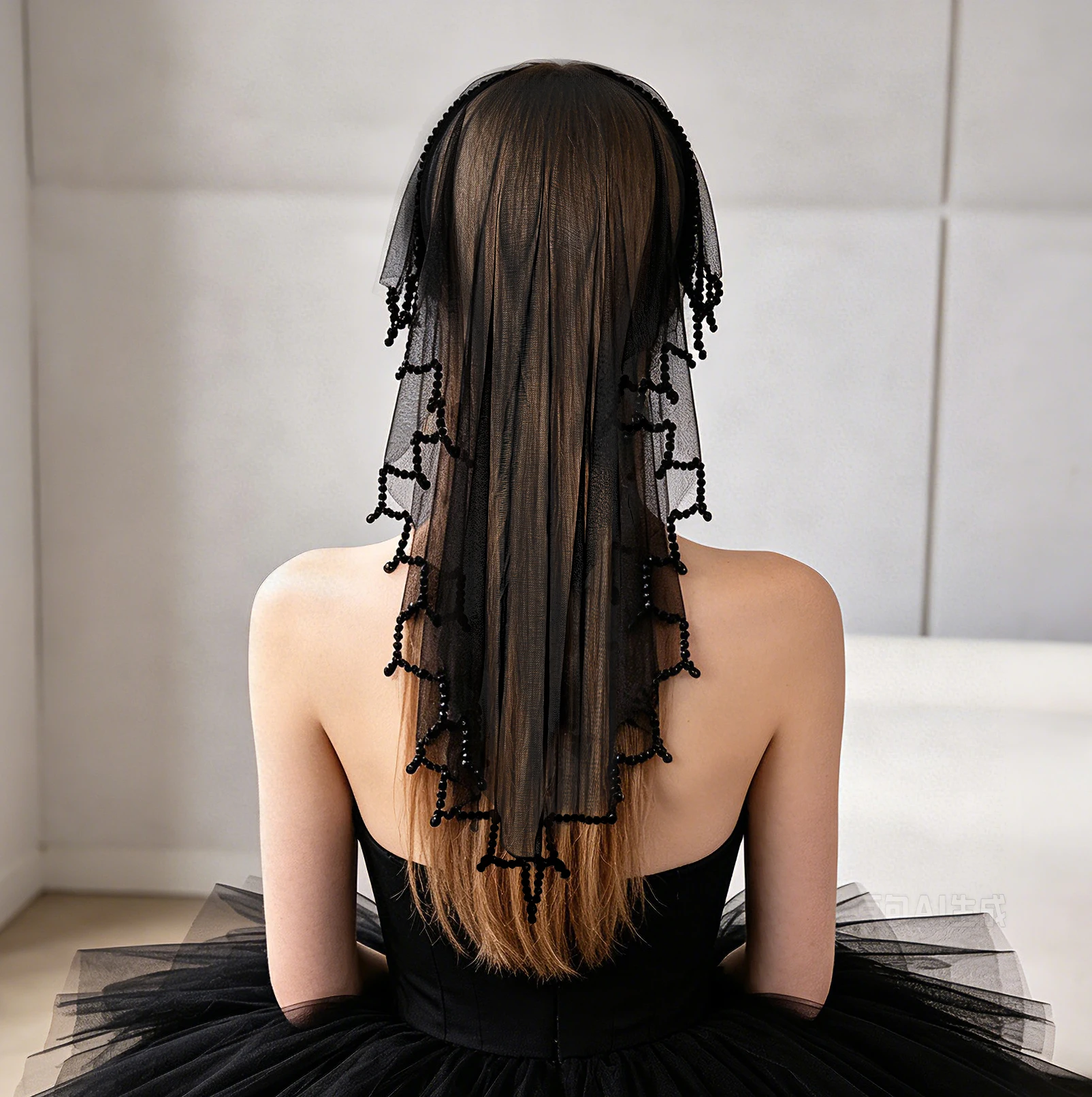 

Wavy Beaded Headband & Scarf Trim, New Black Veil Halloween Headdress, Retro Tulle Hair Accessory SA154