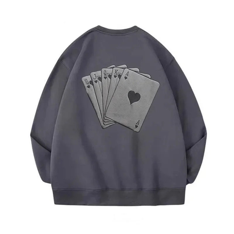 100% Katoen Amerikaanse Vintage Street Poker Bedrukt Ronde Hals Trui Heren En Dames Modemerk Losse Paar Pluche Jas