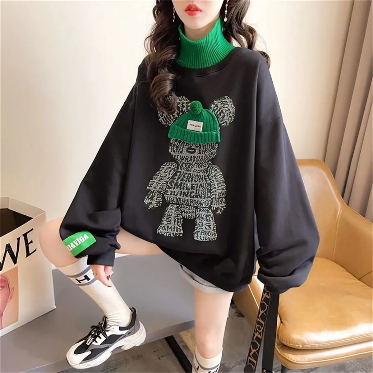 White Ulzzang Hoodie Autumn Oversized Harajuku Turtleneck Tops Vintage Teens High Street Ins Clothes Cool Gothic Bear Tops Femme