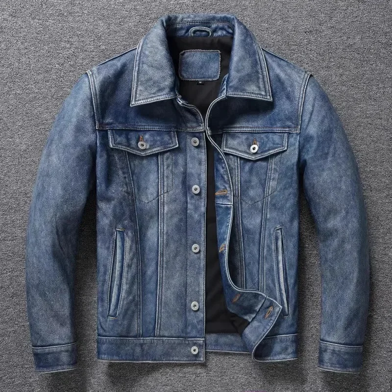 Shop Top.Men Vintage Blue Denim leather jacket.quality slim fit cowhide coat.557 genuine cloth.fashion