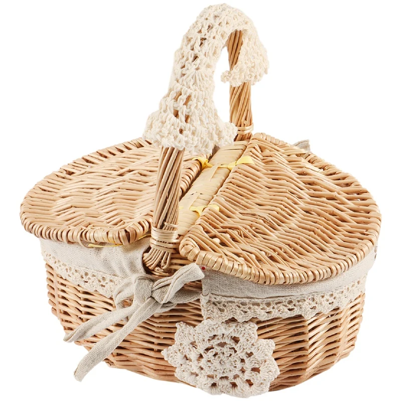 Hand Made Wicker Basket Wicker Camping Picnic Basket Shopping Storage Hamper and Wooden Wicker Picnic Basket-AT35