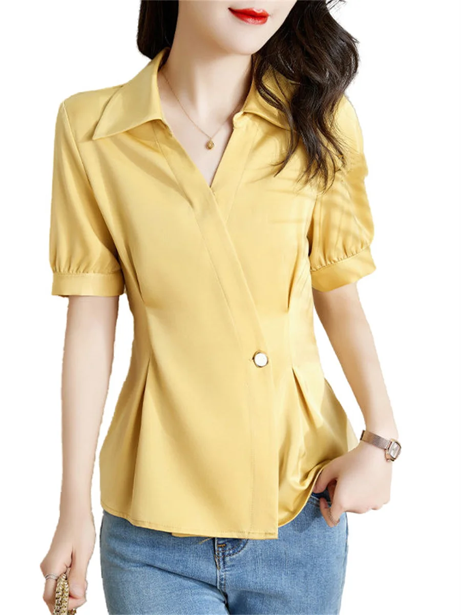 Women Spring Summer Spring Shirts Lady Fashion Casual Short Sleeve V-Neck Collar Solid Color Elegant Blusas Tops G2344