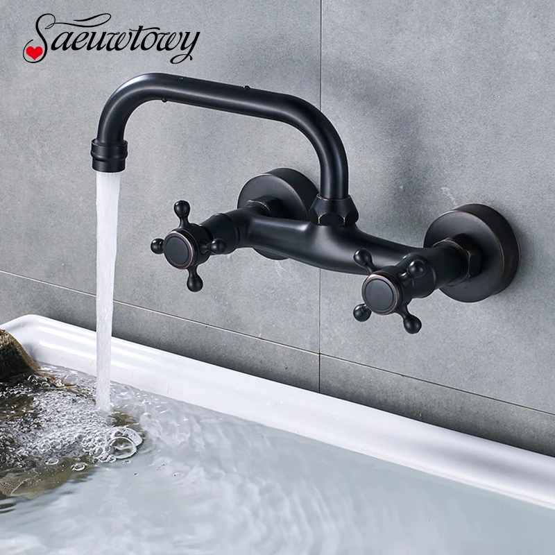 Bathroom Basin Faucet Wall Mounted 360 Degree Rotate Sink Tap Hot and Cold Water Mixer Faucet Brass Kichen Faucet Double Handles