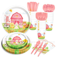 Pink Farm Animals Disposable Tableware Girls Birthday Supplies Cartoon Animals Chick Pig Cow Plates Happy Girls Birthday Party