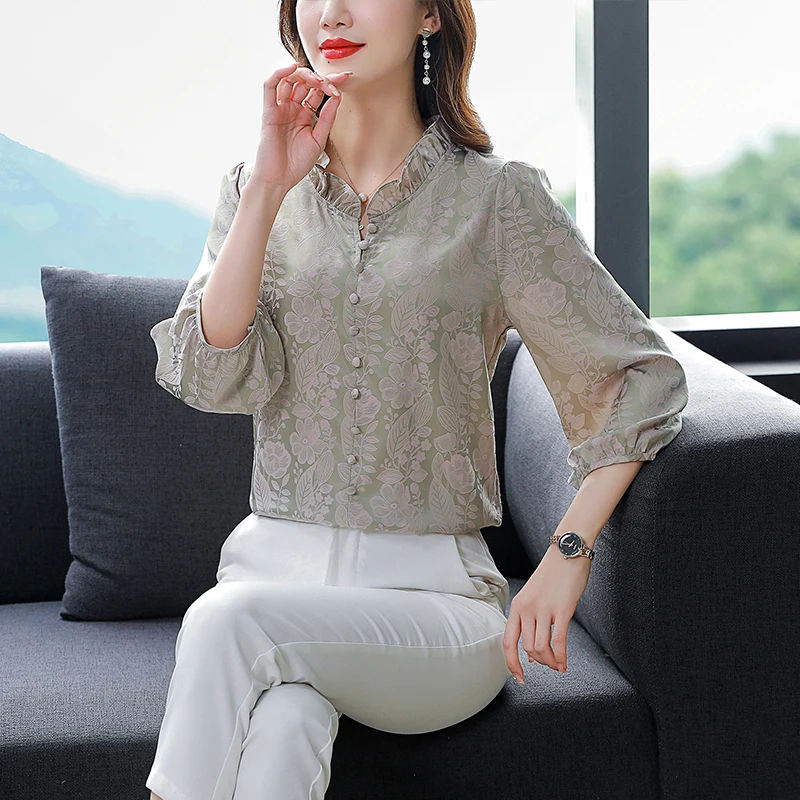 M-3XL Fashion Floral Printed Silk shirt New Retro Women top 3/4 Sleeve Casual Pullover Blouse