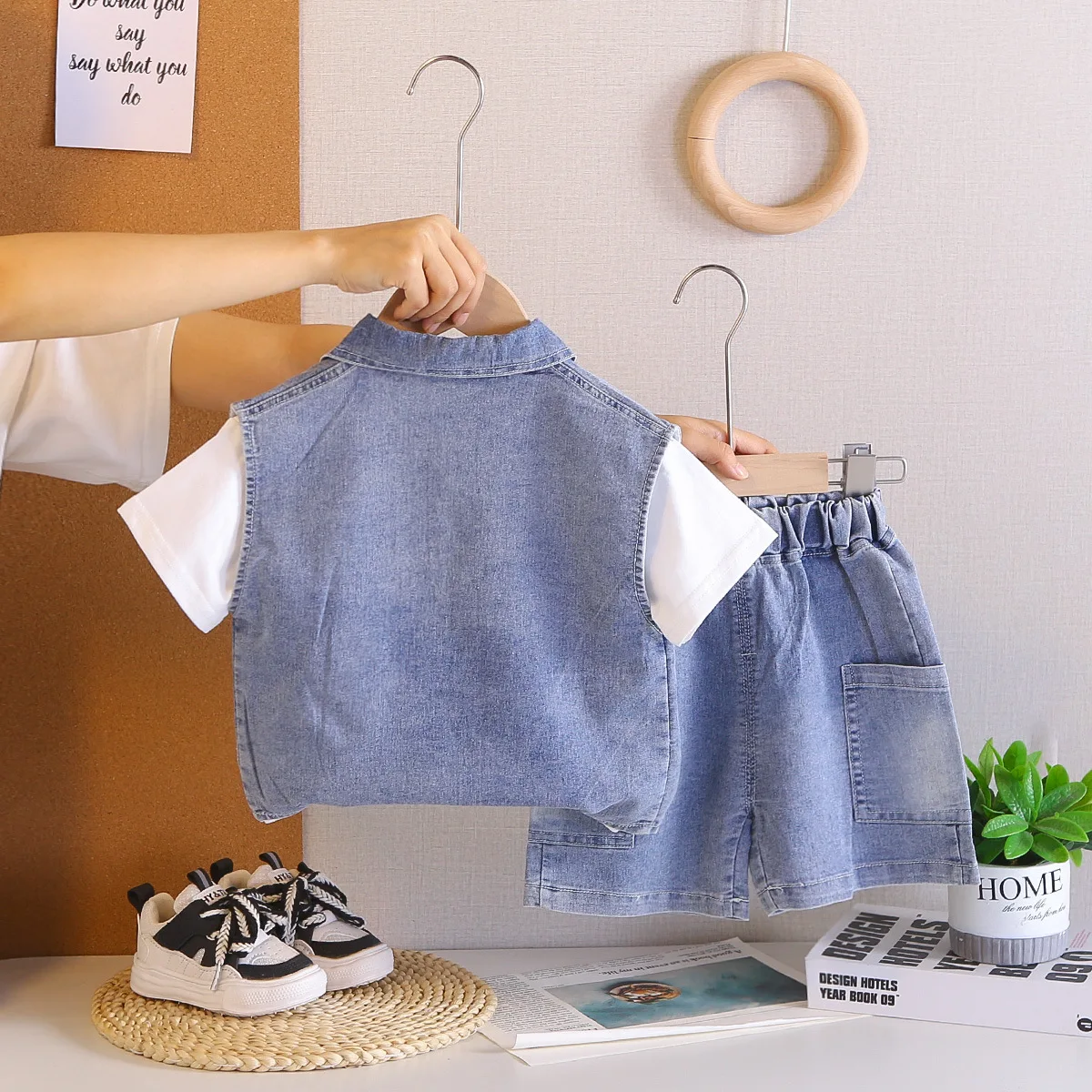 Children's Summer Suit 2026 Korean Fashion Double Pocket Denim Vest + White T-shirts + Shorts Three Piece Set Baby Boys Outfits
