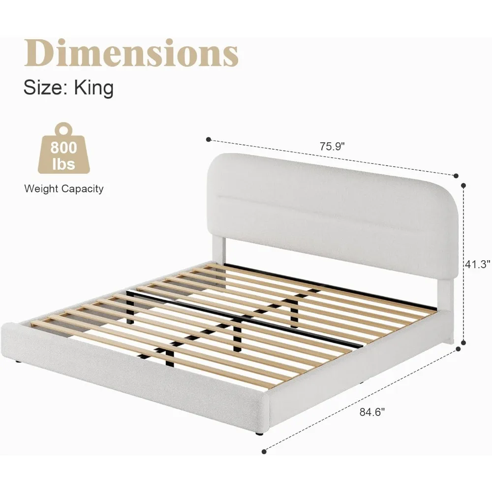 King Size Bed Frame, Upholstered Bed Frame and Headboard, Soft Bed Frame King with Thickened Footboard, Rounded Corners