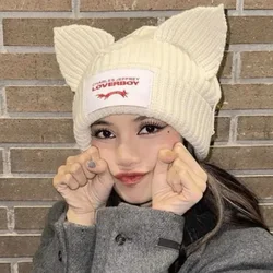 Cute Cat Ear cappello di lana lavorato a maglia moda donna berretto con cappuccio berretti inverno caldo orecchio di maiale cappelli di lana Design Kpop personalità cofano