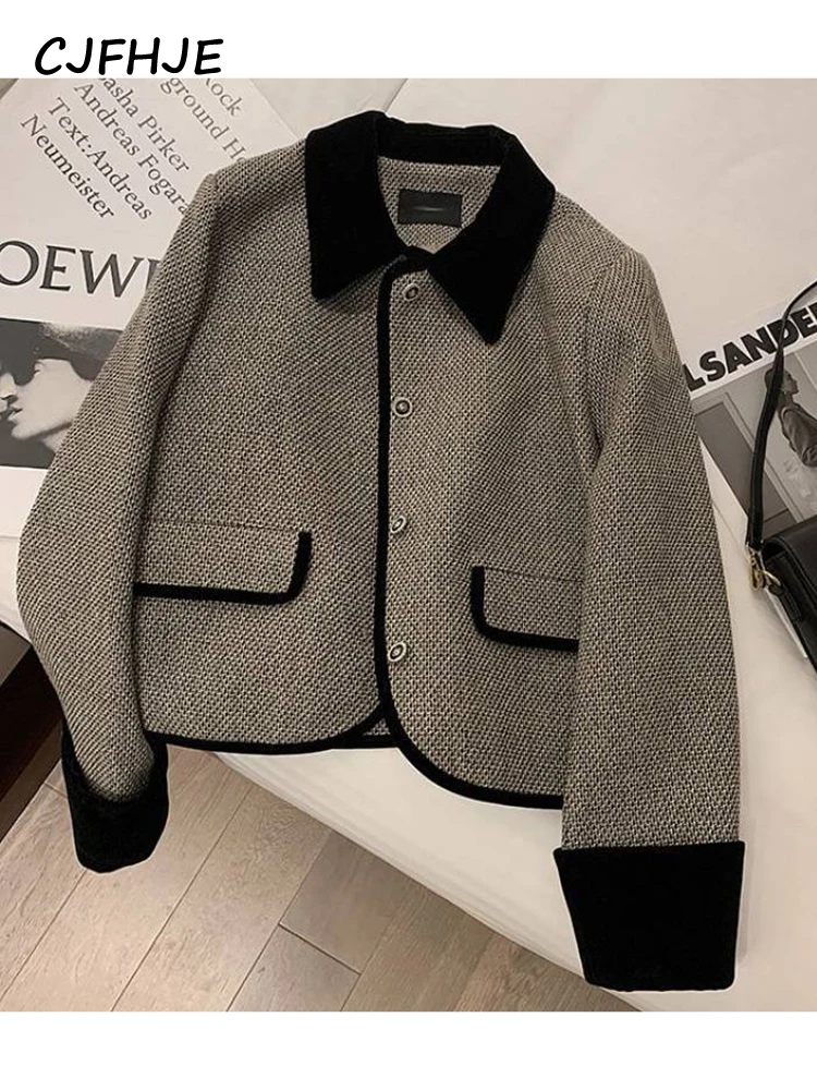 

CJFHJE Women's New Autumn Winter Plush Thickened Suit Coat Short Fashion Loose Versatile Grey Splice Casual Female Blazers