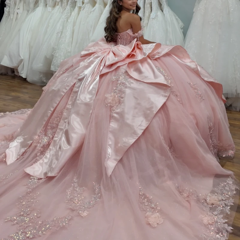 Pink Glitter Quinceanera Dresses Off Shoulder Ball Gown Sweet 16 Dress Applique Flower Beads Bow Tull Party Birthday Vestidos 15