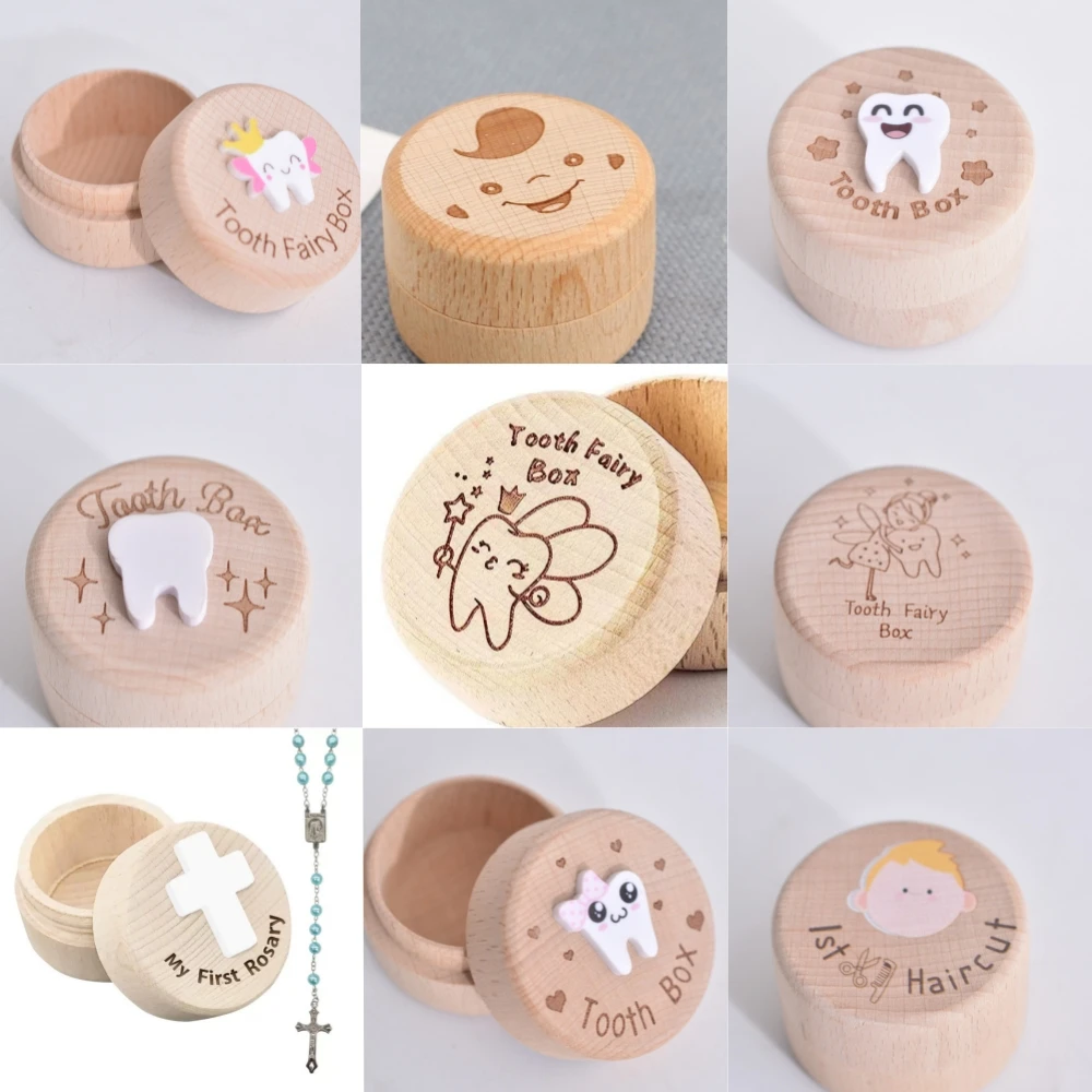 Wooden circular baby teeth box, children's teeth collection commemorative box, fetal hair and umbilical cord preservation box