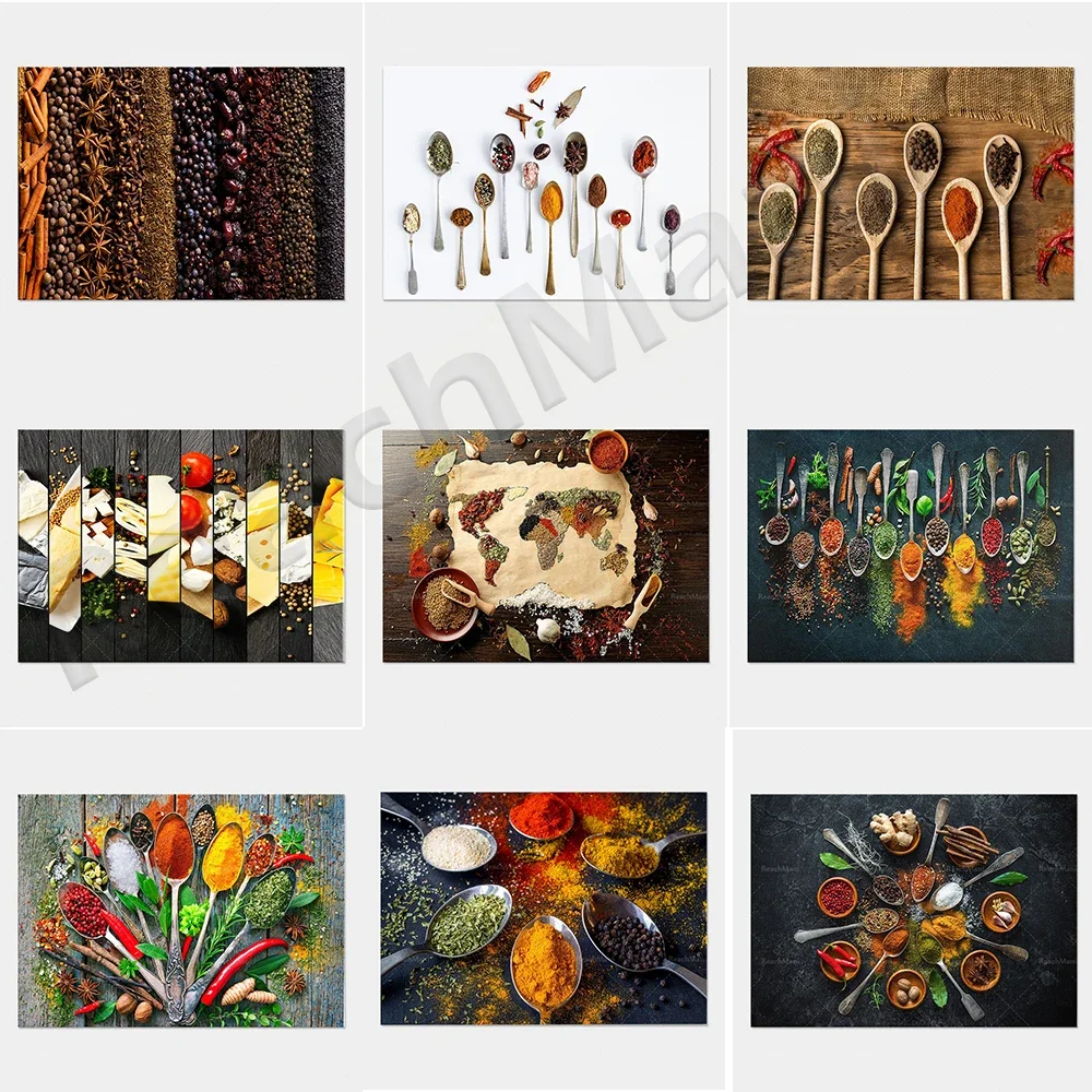 Impresiones de cocina, romero, especias y cuchara de comida, comida de hierbas, arte de especias y hierbas, lienzo de cocina, arte de pared, cartel de regalo para cocinar amantes