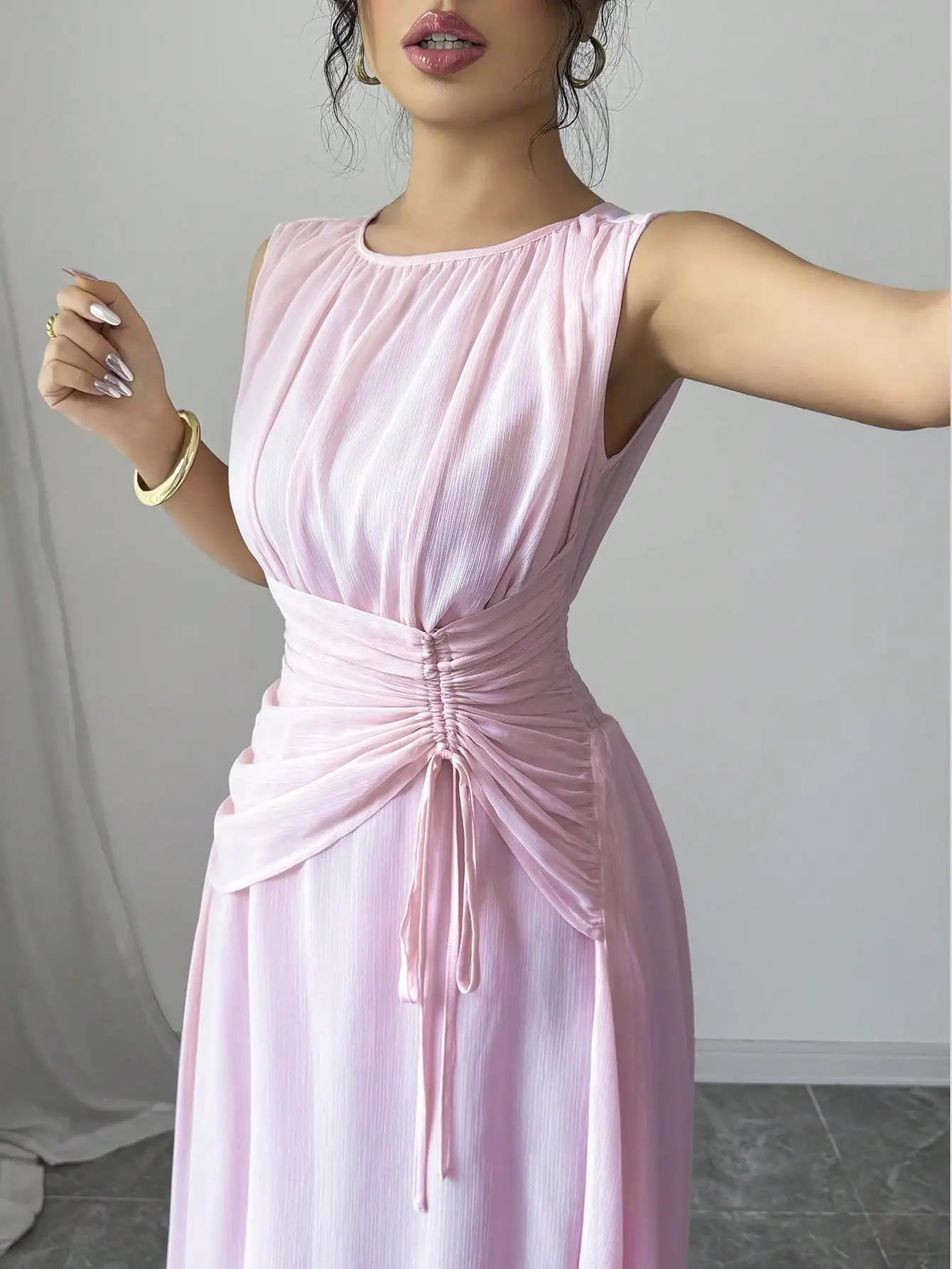 여성용 롱 쉬폰 맥시 드레스, 허리끈 디자인, 우아한 프렌치 로맨틱 빈티지 스타일, 캐주얼에 적합