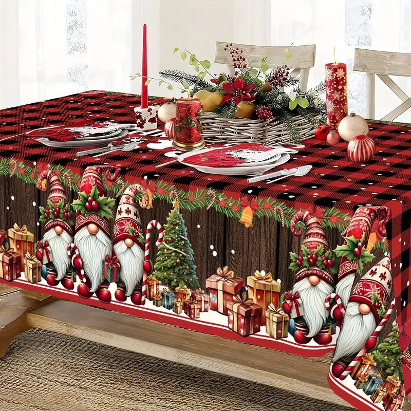 VIKAMA Farmhouse Christmas Tablecloth Buffalo Plaid Red Black Gnome Tomte Xmas Tree Gift Candy Cane Rectangle Holiday Dining