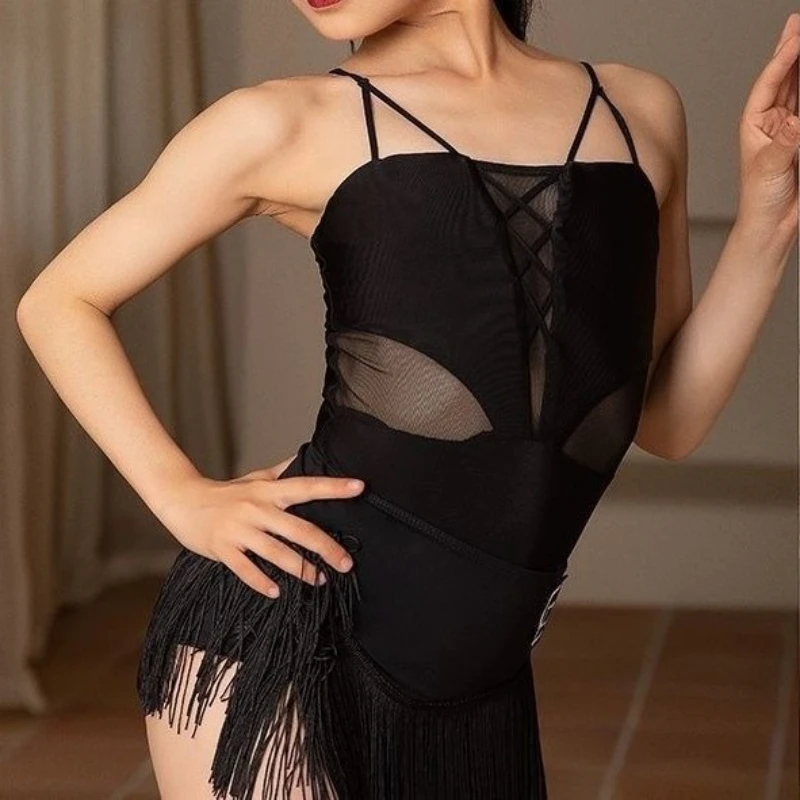 Crianças vestido de dança latina para meninas de duas peças sem costas halter conjunto saia franjas traje cha-cha samba rumba treinamento dancewear