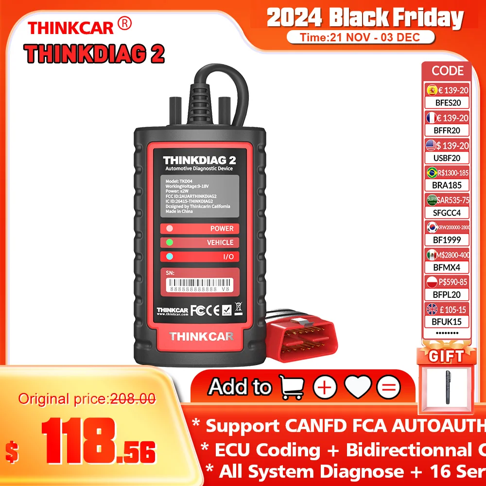 THINKCAR THINKDIAG 2 Bidirectional OBD2 Scanner All System Car Diagnostic Tool ECU Coding 15 Service FCA 1 Year free Update