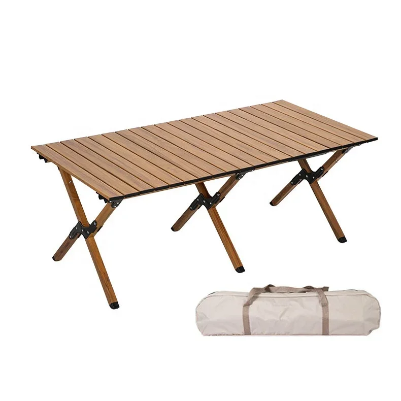 Wooden Picnic Foldable Table Outdoor Low Egg Roll Table Folding Camping Table Adjustable Beech Wood Dinning Desk For Travel BBQ