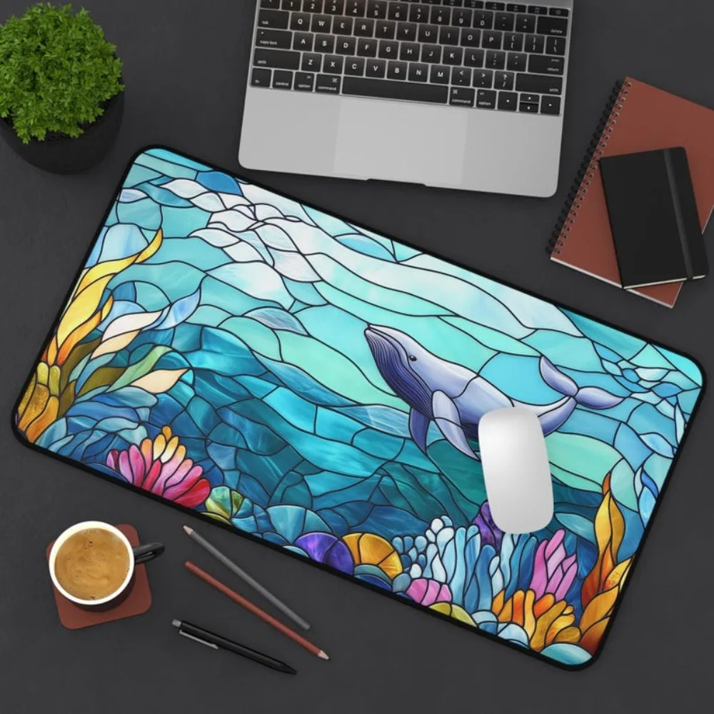 Colored glass ocean and whale mouse pad, office decoration, computer desktop accessory, high-quality rubber anti-slip, washable