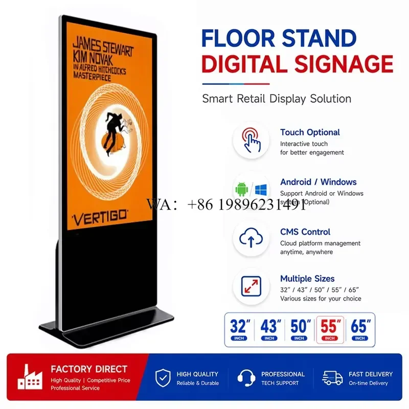 32/43/49/55/65 Inch 4K Floor Standing LCD Advertising Player Vertical Touch Screen Kiosk Display Digital Signage