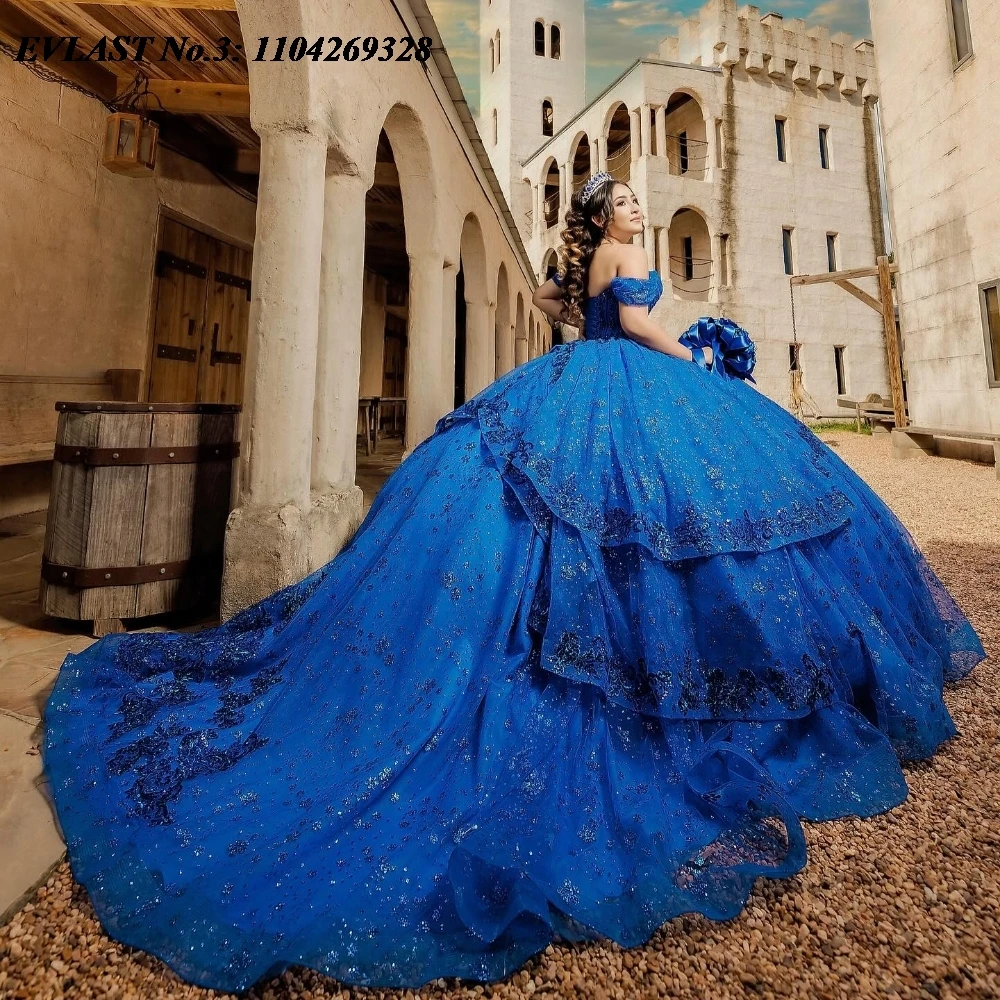 

EVLAST Customized Shiny Royal Blue Quinceanera Dress Ball Gown Lace Applique Beading Tiered Sweet 16 Vestido De 15 Anos E3Q373