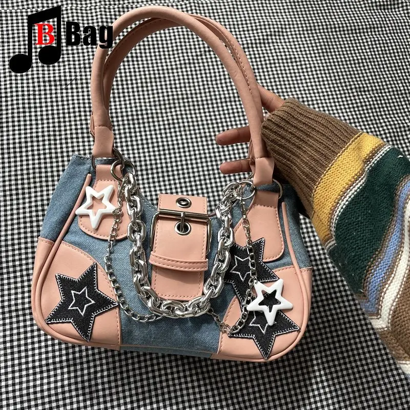 Y2k Spice Girl Women's Handbag Middle sense bump color PU Canvas Stars Gothic Punk Chain Sweet Pants Um ombro crossbody bag