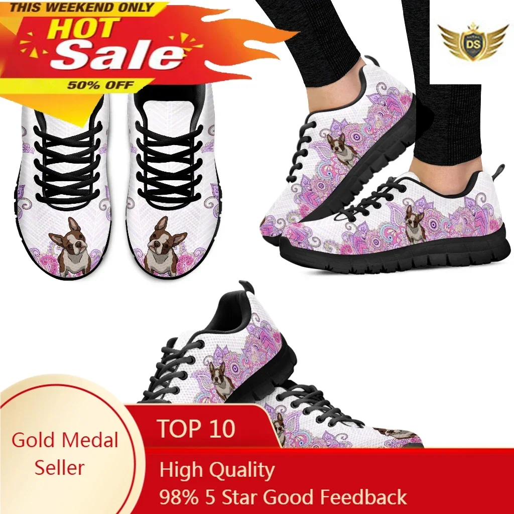 

Fashion Lavender Bohemian Mandala Flower Design Boston Terrier Print Lightweight Outdoor Sneakers Lace Up Shoes