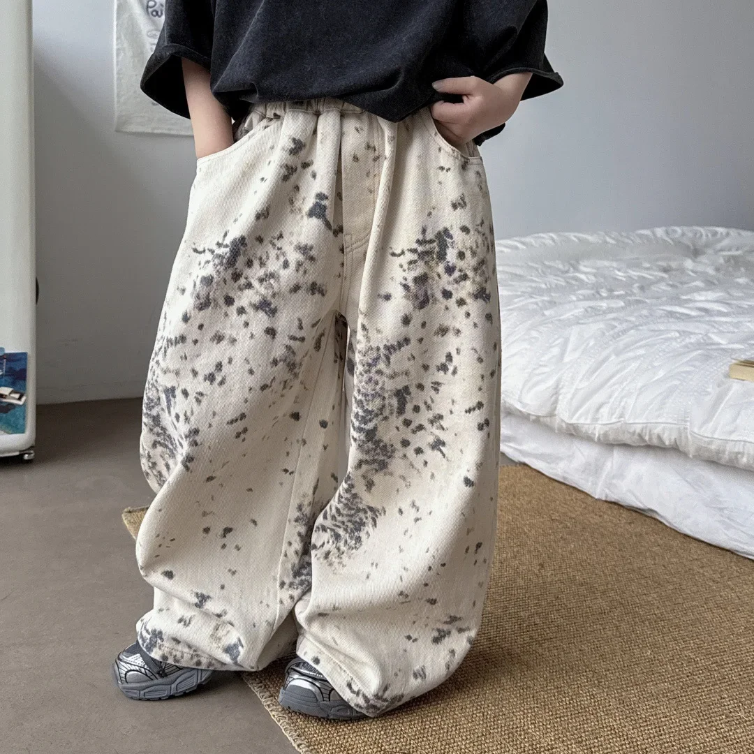 

Детская одежда, детские модные брюки, 2025 г., прямые хлопковые свободные брюки с леопардовым принтом, полная длина, красивые детские широкие брюки для мальчиков