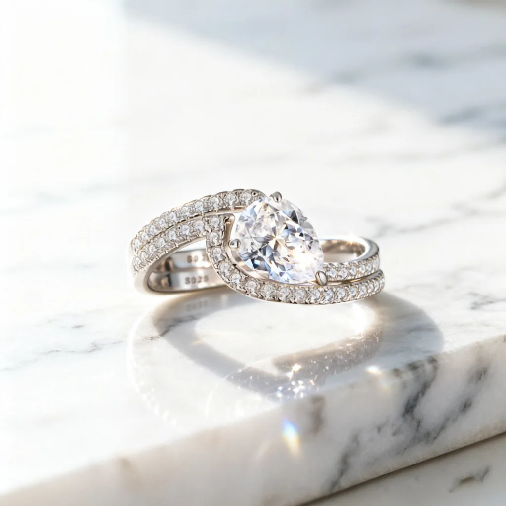 Hot selling 100% S925 sterling silver 6 * 8 zircon diamond sterling silver ring set combination 1.25ct ring set wedding jewelry