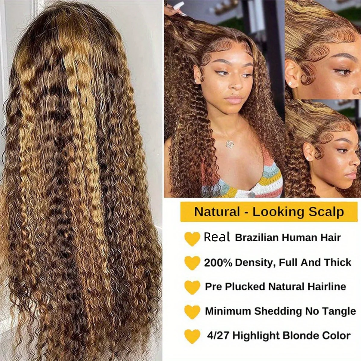 Ombre Highlight Deep Wave Lace Front Wigs Human Hair 4/27 Colored Plucked 13x4 HD Transparent Curly Lace Frontal Wig for Women Highlight Ombre Lace Front Wig Human Hair 13x4 HD Honey Blonde 4/27 Deep Wave Straight Lace Frontal Wigs - view 4