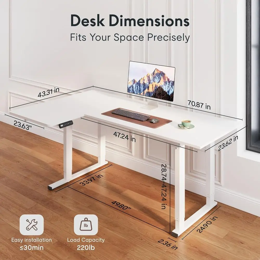 Electric Height-Adjustable 4-Leg L-Shaped Desk, 71x43, Memory Controller, 220lb Capacity, Suitable for Office, Gaming, and Study