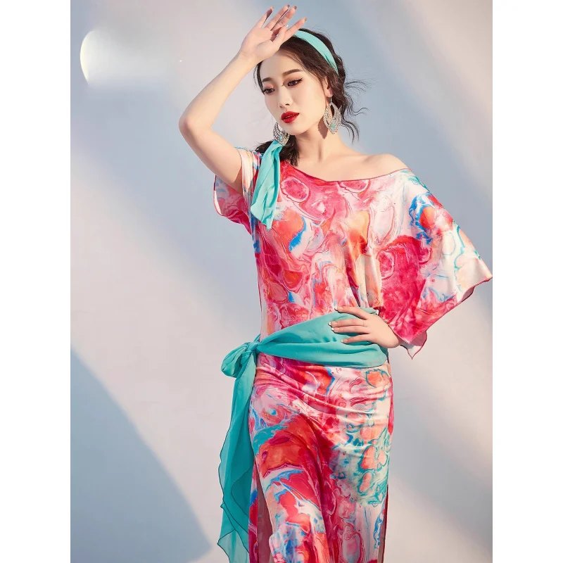 New Style Belly Dance Robe Printed Folk Shaabi Practice Outfit Baladi Oriental Dance Performance Costume