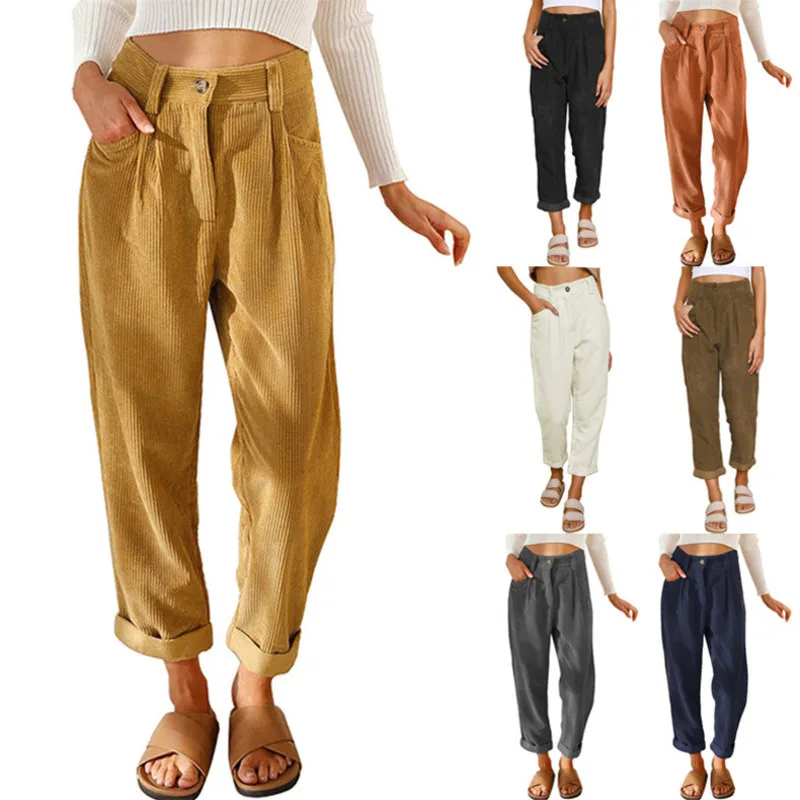 

Autumn New High Waist Women Casual Pants Solid Color Corduroy Loose Straight Leg Long Trousers For Women
