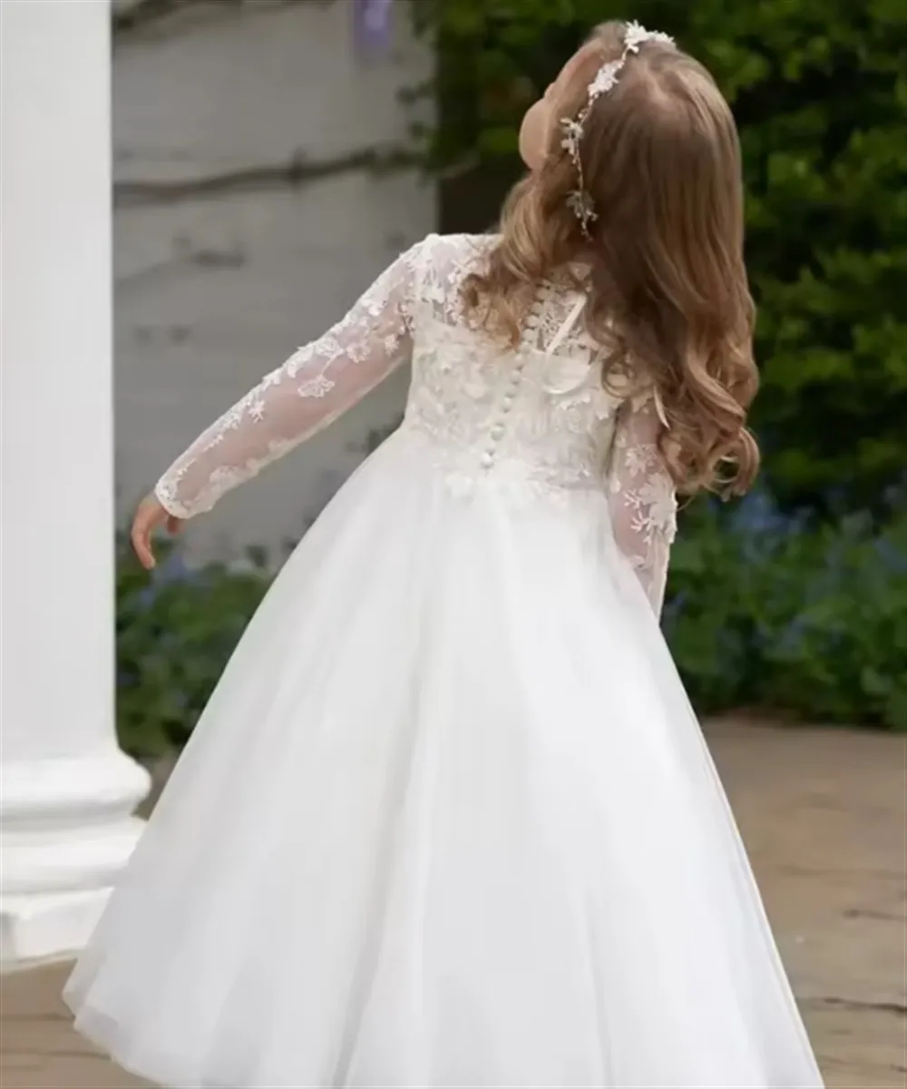 Elegantes weißes Blumenmädchenkleid für die Hochzeit, Spitzenapplikationen, volle Ärmel, Mädchenkleid für Fotoshooting, Erstkommunionkleid, individuell gestaltet