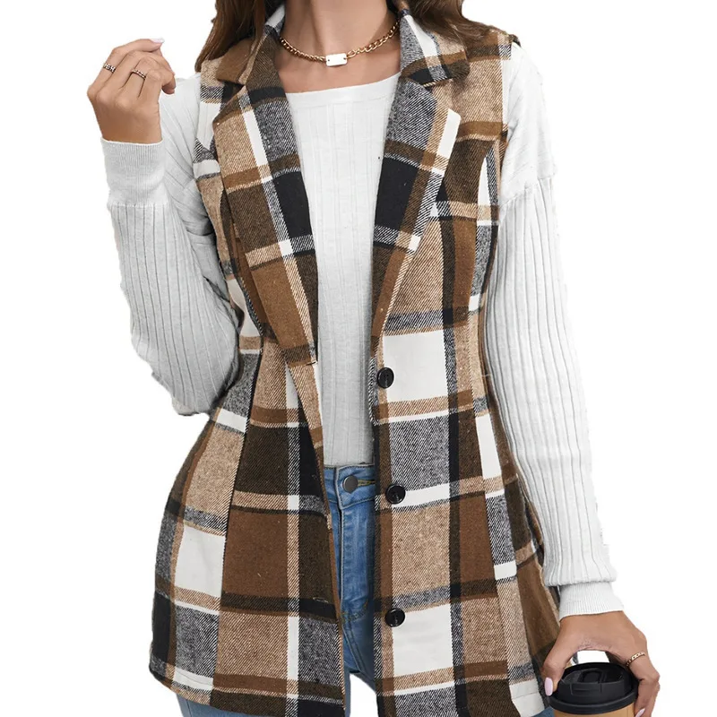 JY Spring and Autumn Women's Elegant Commuting Collar Single breasted Multi color Checkered Tank Top Coat Vest Vest