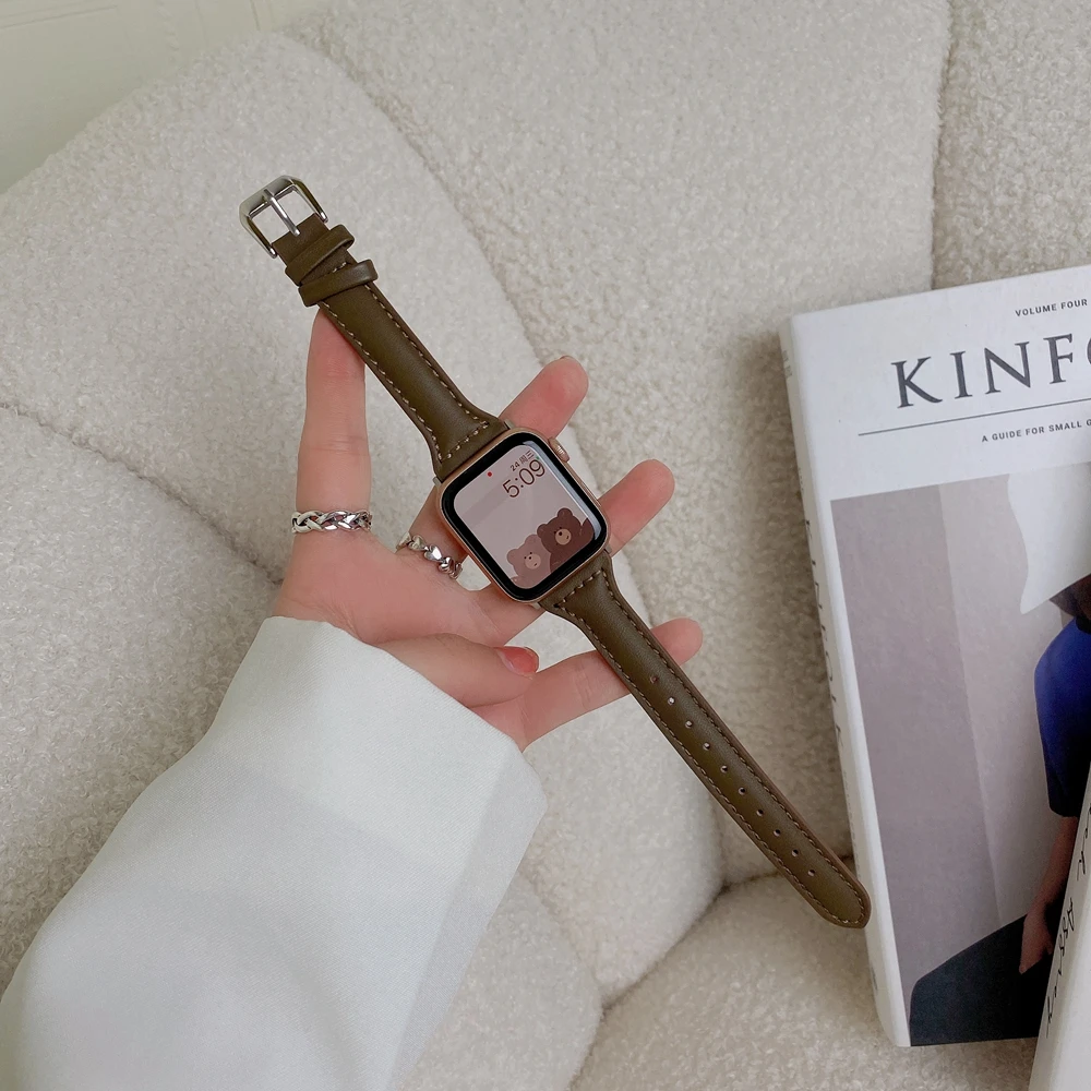 Leather Strap for Apple Watch 7 8 41/45mm 38/42mm Thin Slim Wristband for iWatch Band Ultra 49mm 40/44mm SE 6 5 4 3 2 1